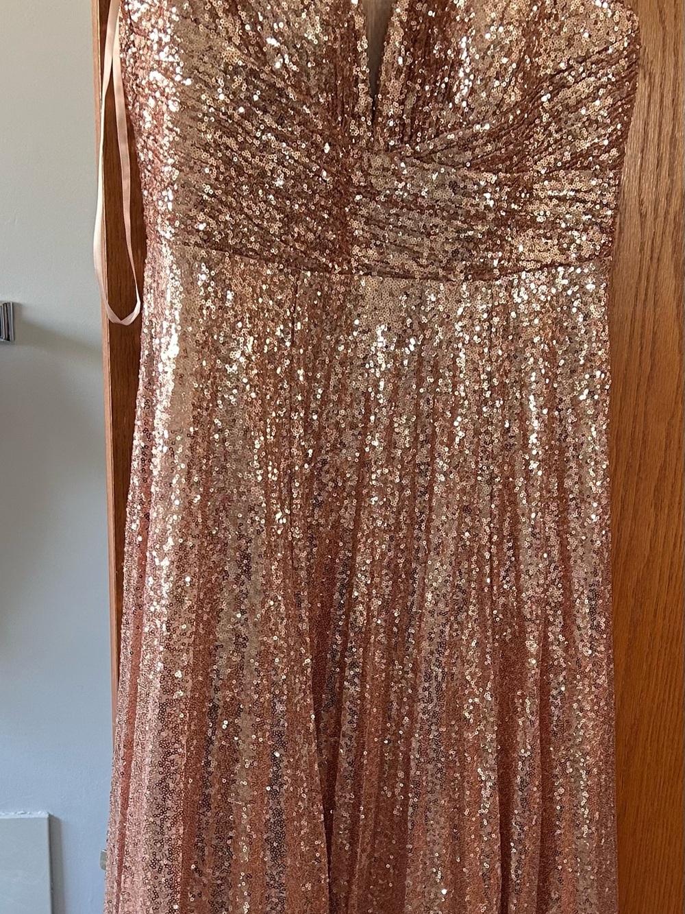 Sequin Spaghetti Strap Evening Gown in Rose Gold